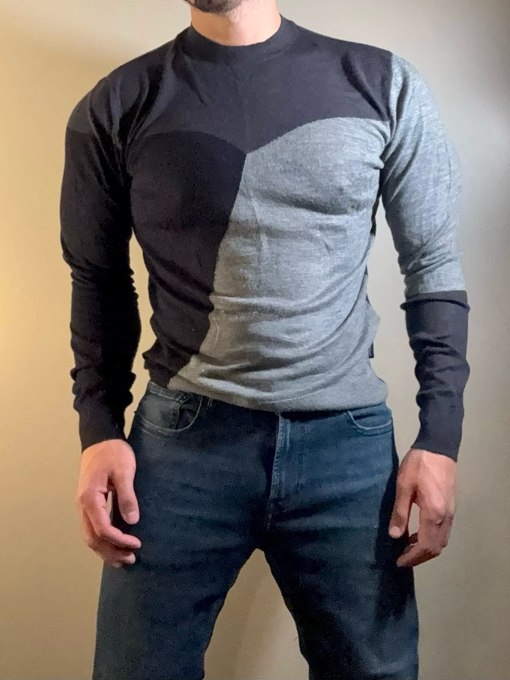 Armani Mens  Two-Tone Gray & Black Slim Fit Knit Shirt